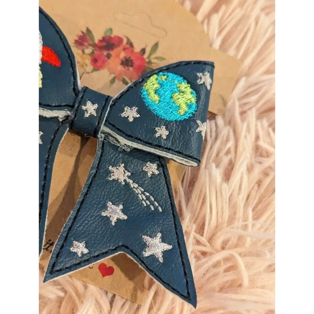 Space themed NASA hair bow barrette embroidered handmade brand new barrette clip
